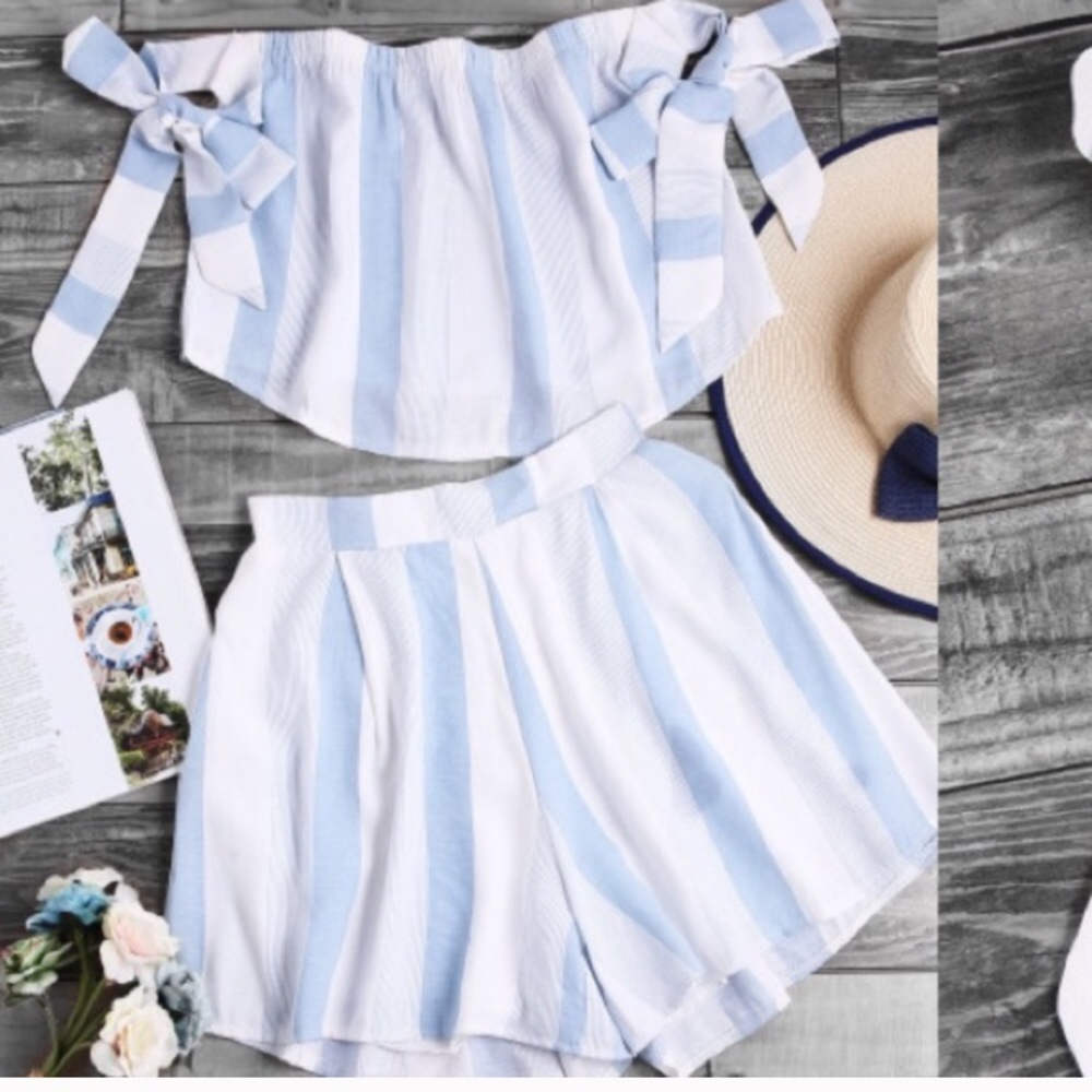 Blue and white stripped two piece romper NWOT